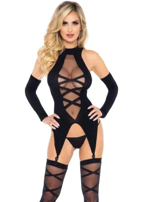 3 Pc Sheer Cami Garter, Stockings and Gloves