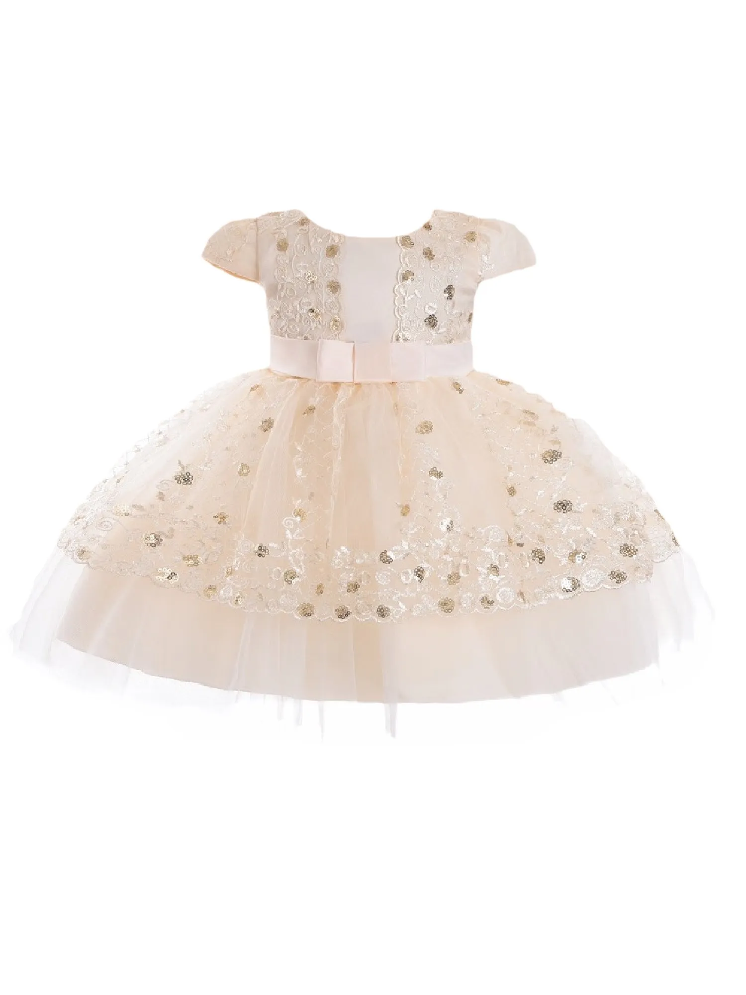 Baby Girls Champagne Sequin Embroidery Cape Sleeve Flower Girl Dress 6-24 Months