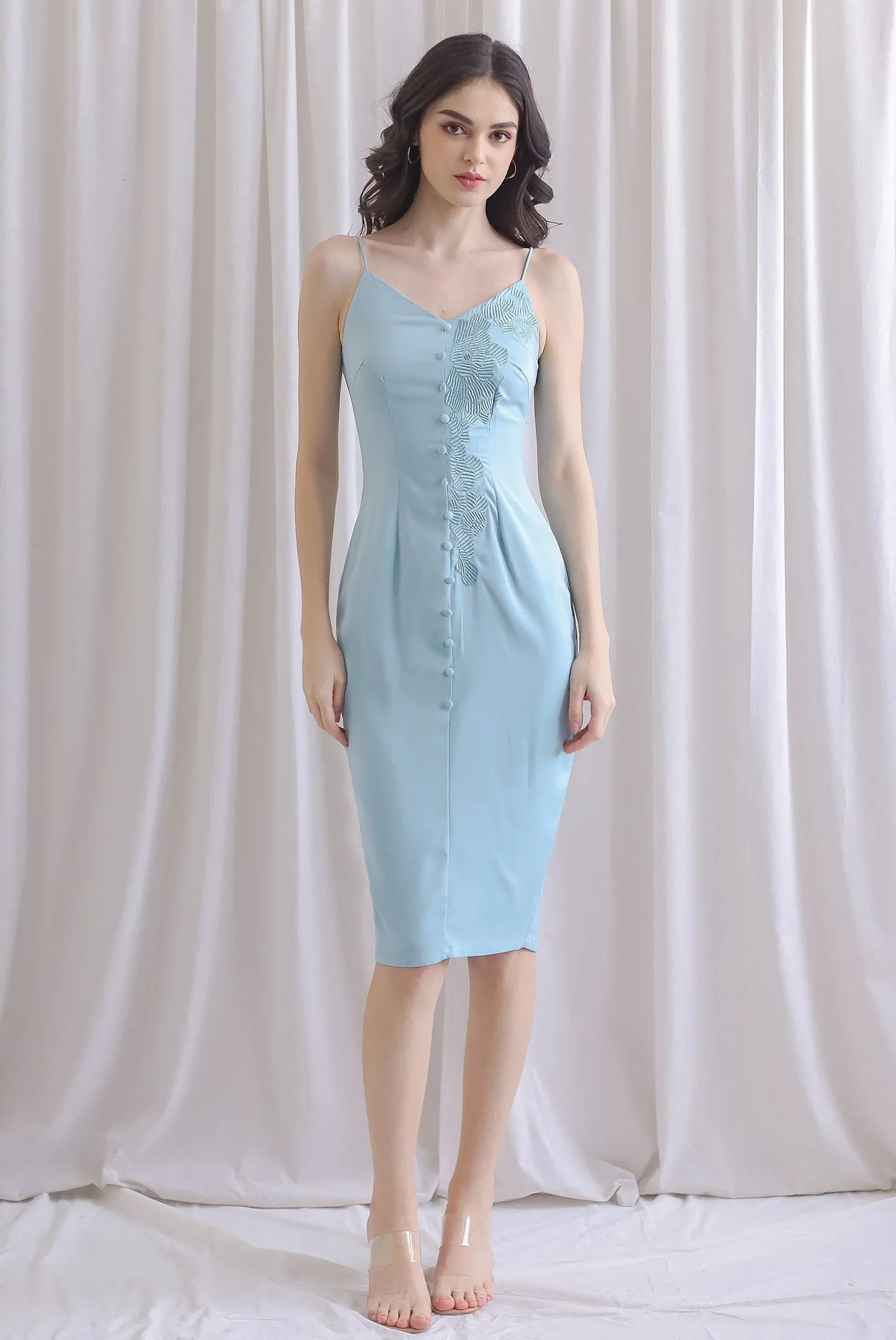Chelo Applique Sateen Dress In Seafoam