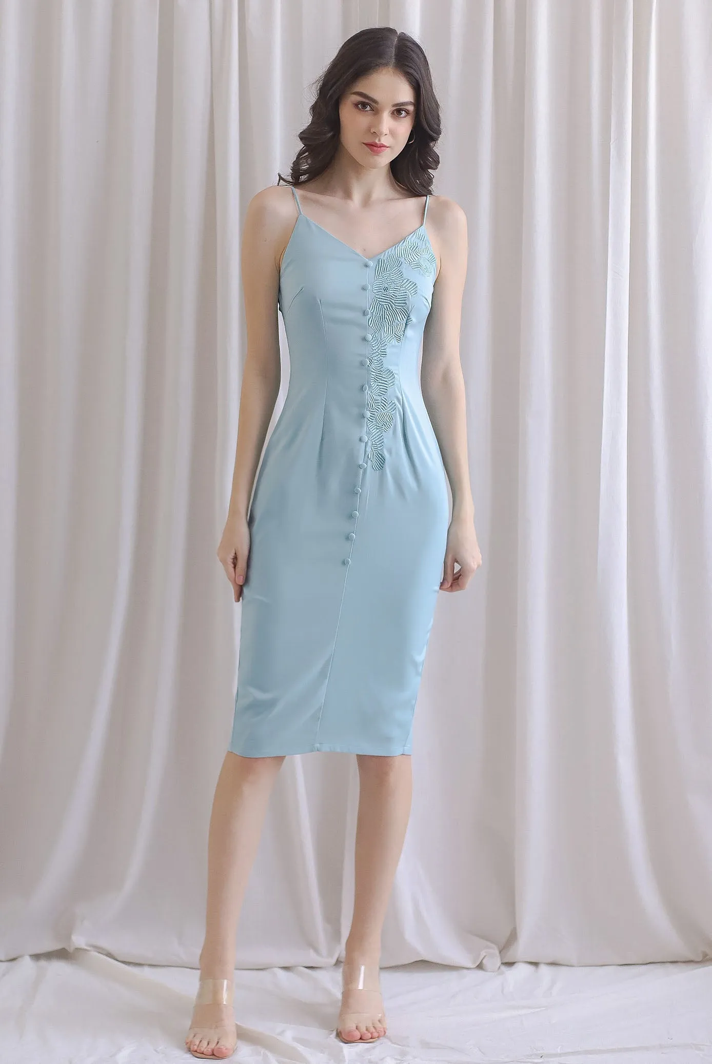 Chelo Applique Sateen Dress In Seafoam