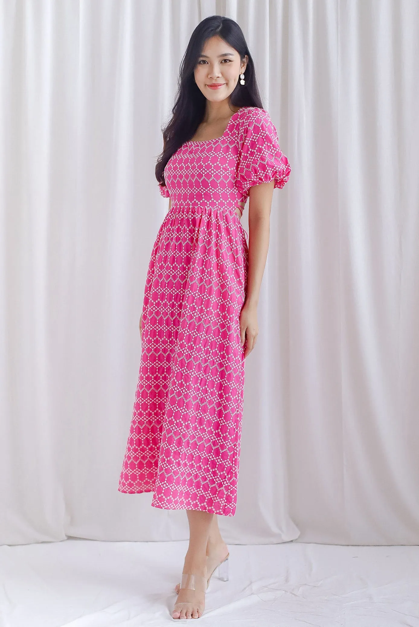 Clifford Embro Puffy Sleeve Tie Back Maxi Dress In Hot Pink