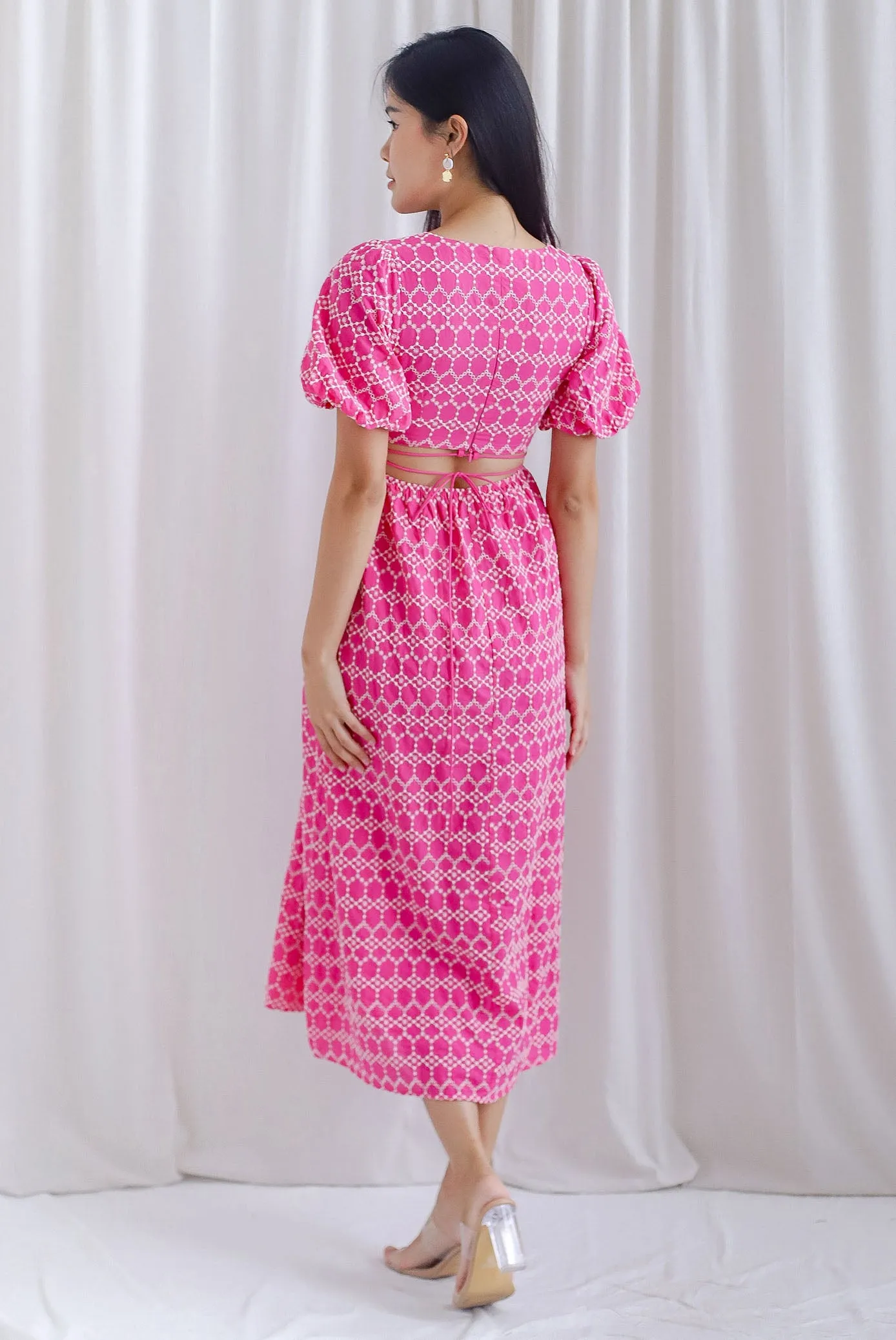 Clifford Embro Puffy Sleeve Tie Back Maxi Dress In Hot Pink