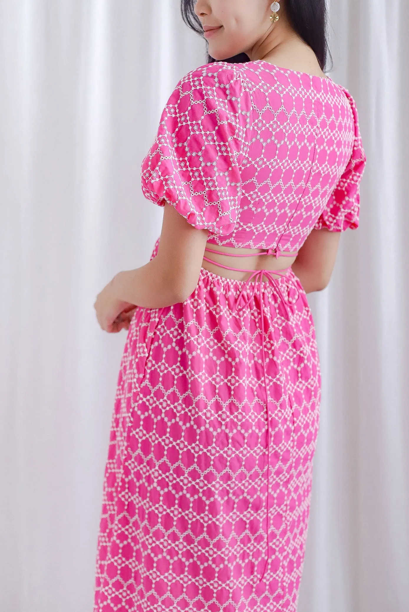 Clifford Embro Puffy Sleeve Tie Back Maxi Dress In Hot Pink