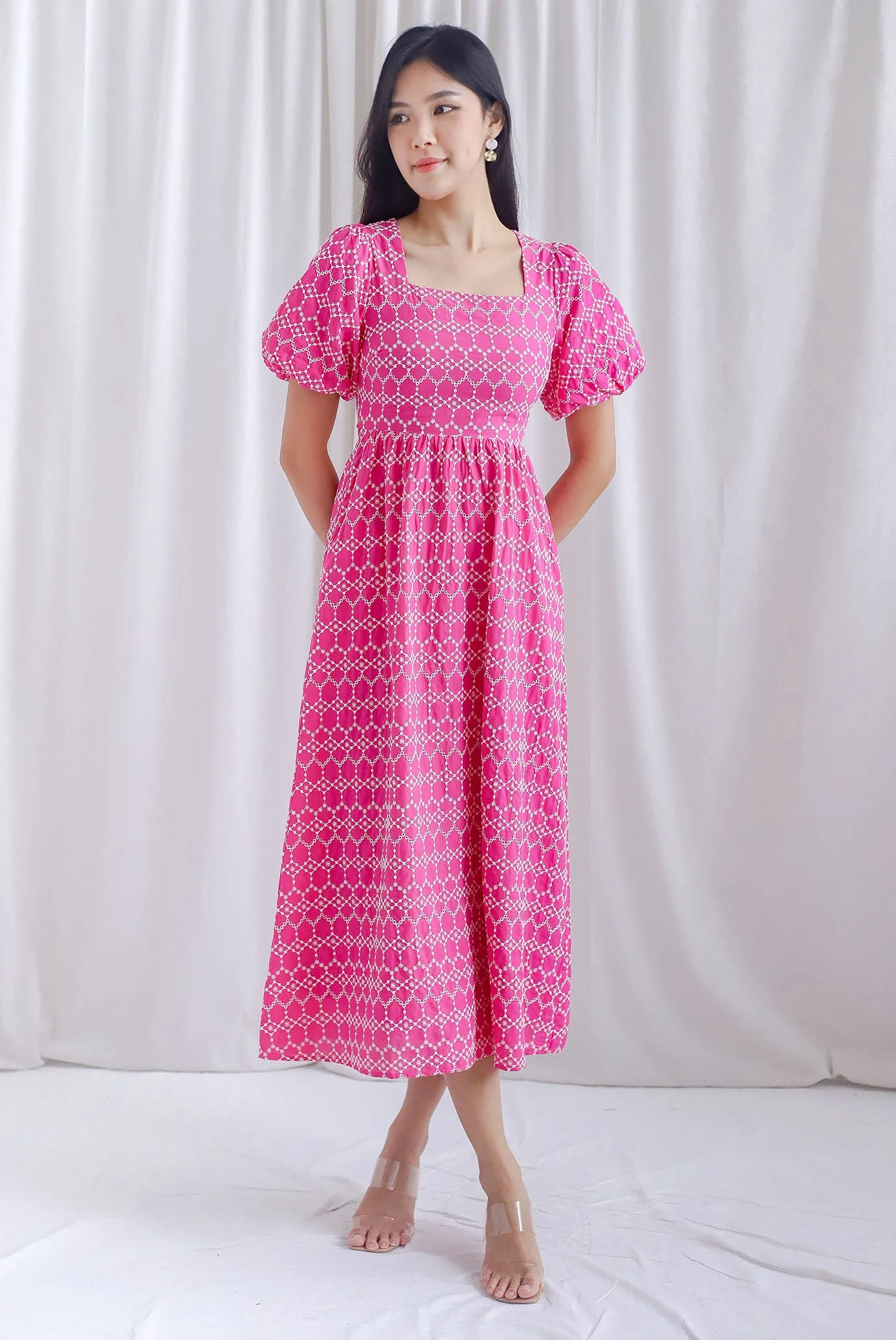 Clifford Embro Puffy Sleeve Tie Back Maxi Dress In Hot Pink
