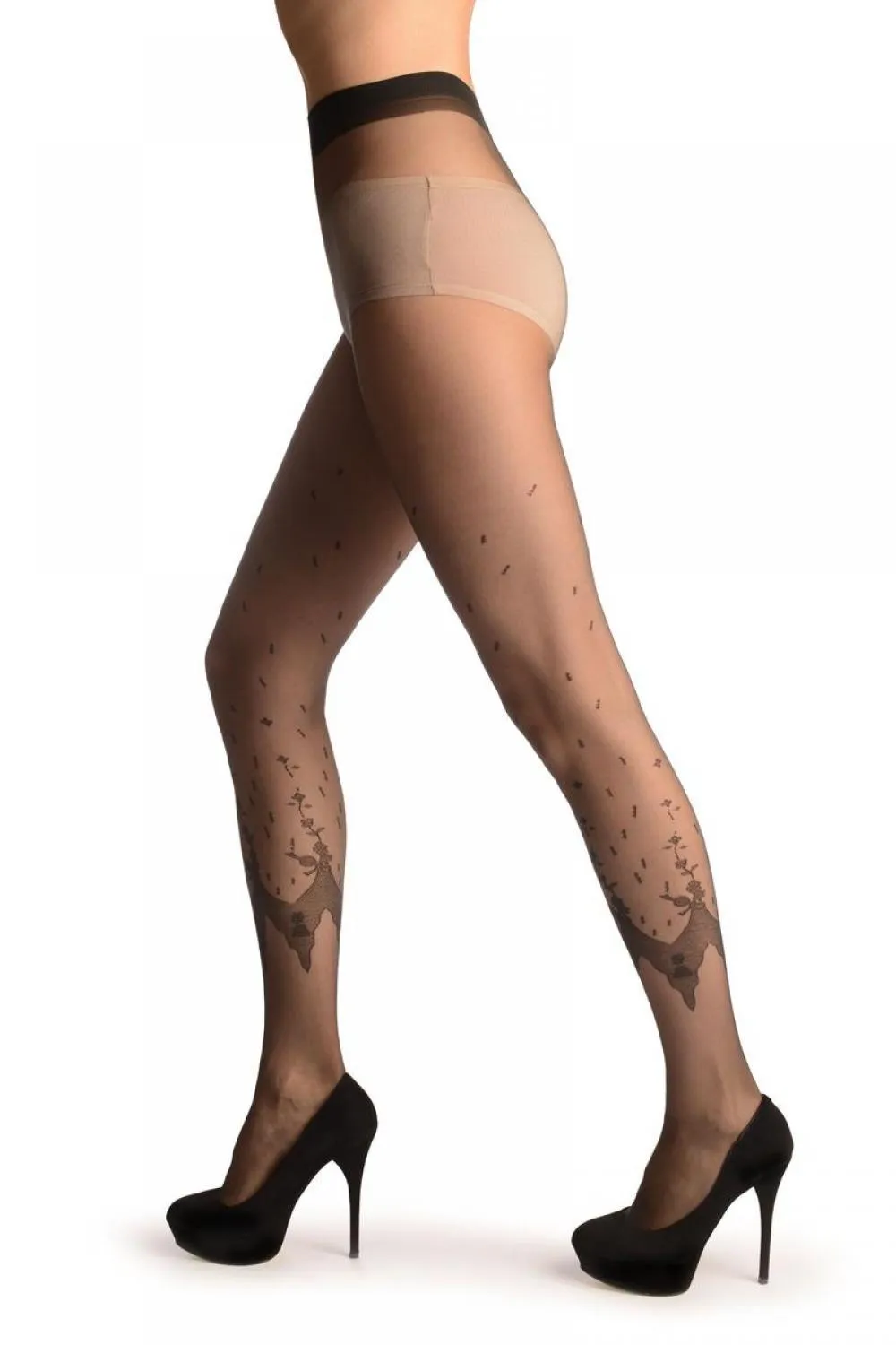 Dark Grey Faux Leggings With Floral Lace Trim