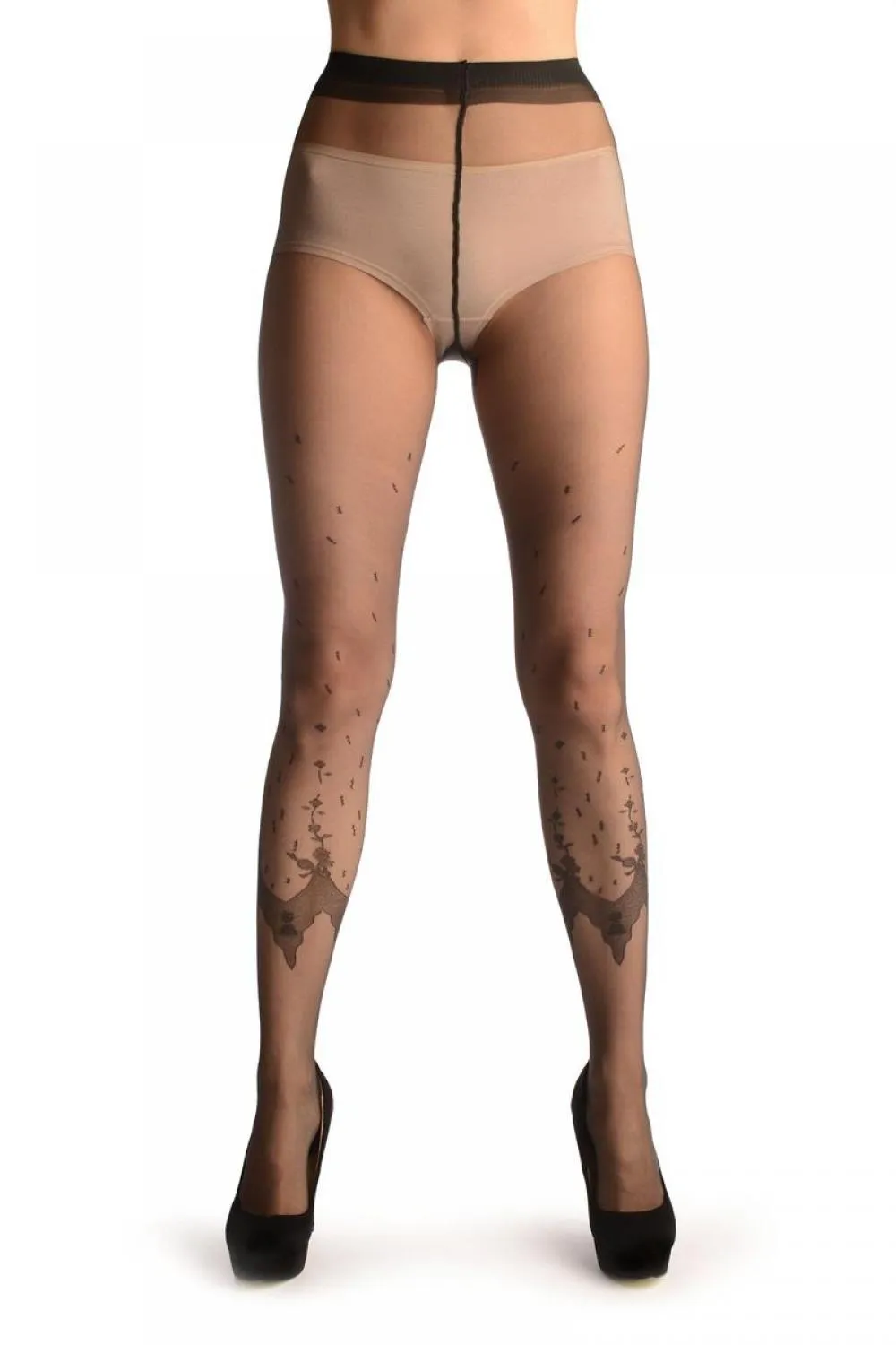 Dark Grey Faux Leggings With Floral Lace Trim
