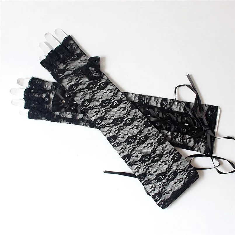 Fingerless Gothic Gloves / Women Long Black Lace Mittens with Ribbon & Rivet / gothic clothing