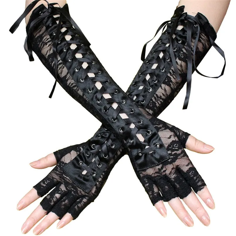 Fingerless Gothic Gloves / Women Long Black Lace Mittens with Ribbon & Rivet / gothic clothing