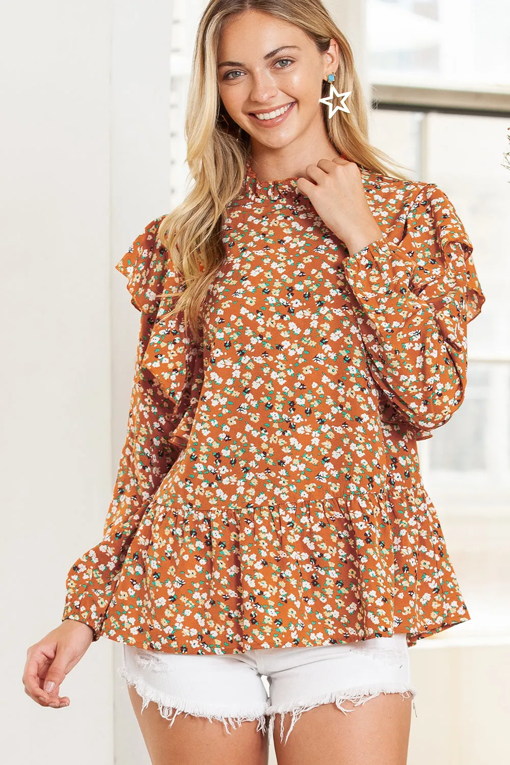 Gothic Outlaws Orange Ditsy Floral Boho Ruffle Long Sleeve Blouse 🍊 – Because You Deserve to Feel Effortlessly Stunning