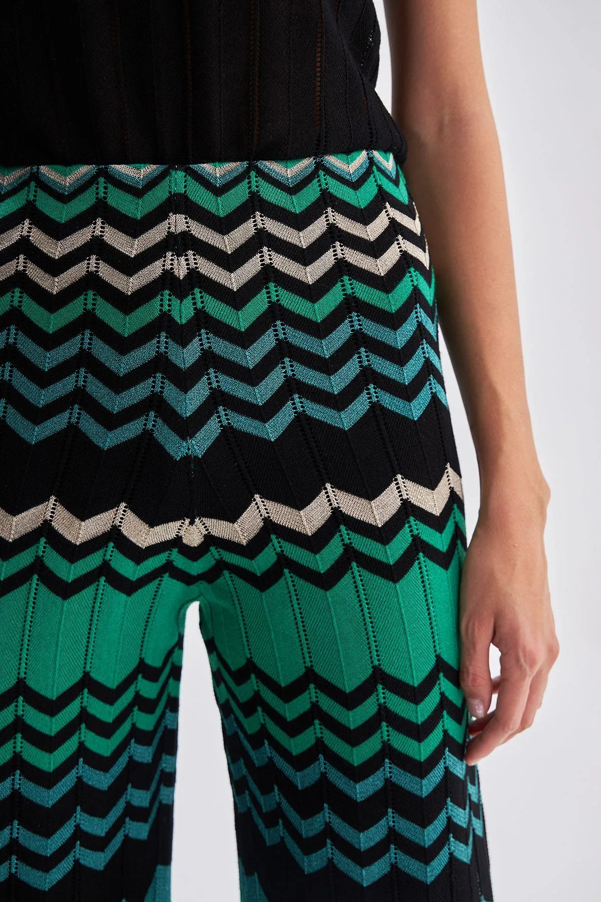 Green Black Zigzag Pattern Lined Knitwear Trousers