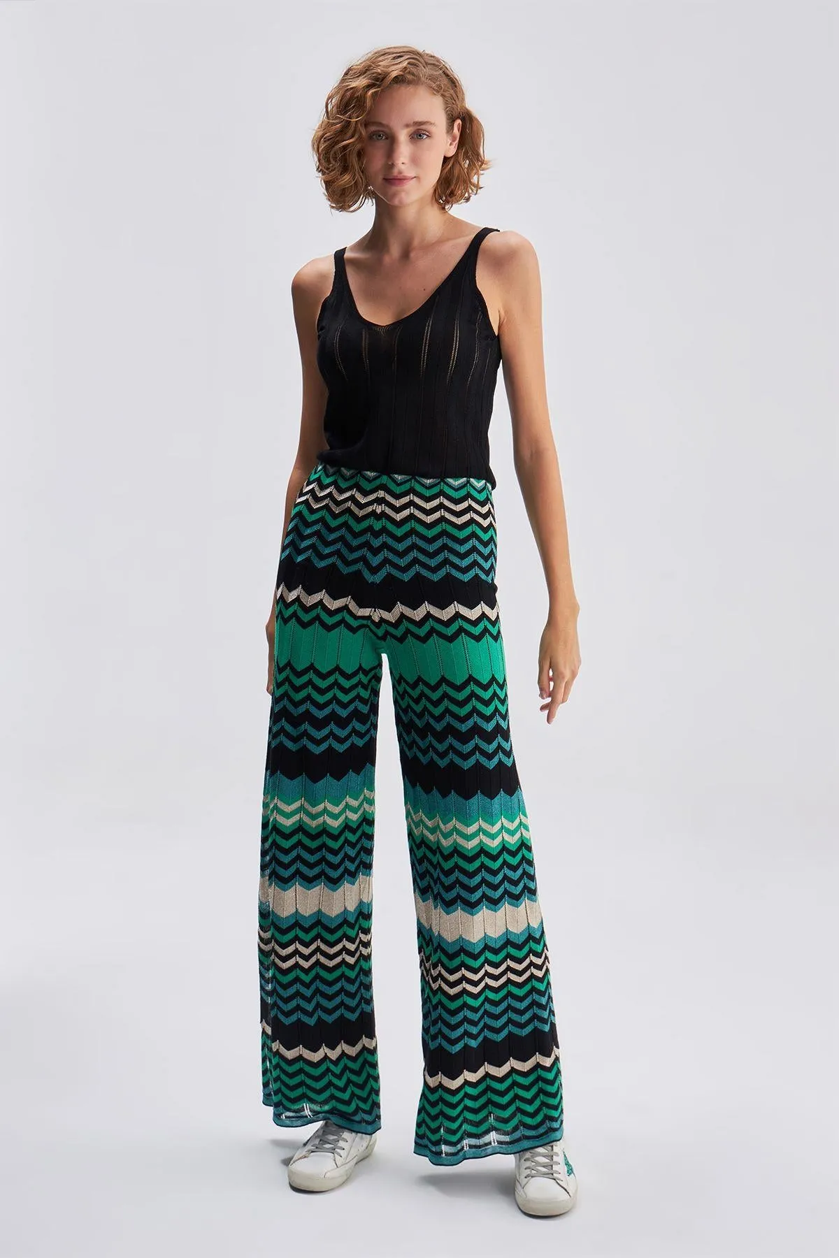 Green Black Zigzag Pattern Lined Knitwear Trousers
