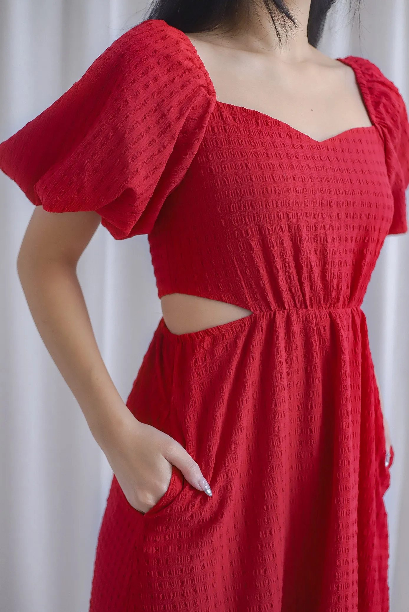 Hebe Puffy Sleeve Side Cut Out Dress In Red