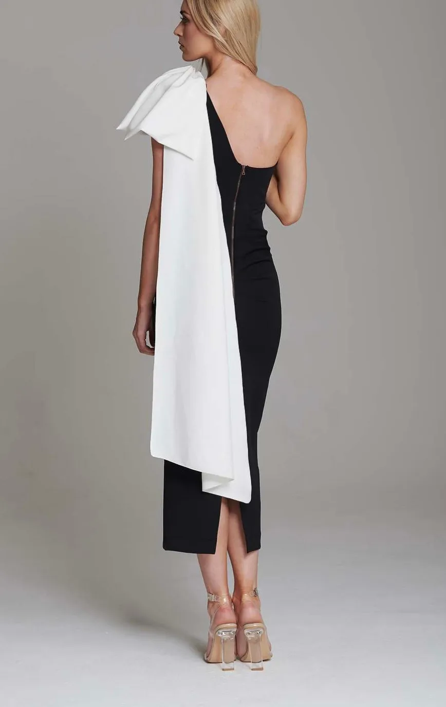 Kevan Jon Krystal Black And White One Shoulder Bow Dress