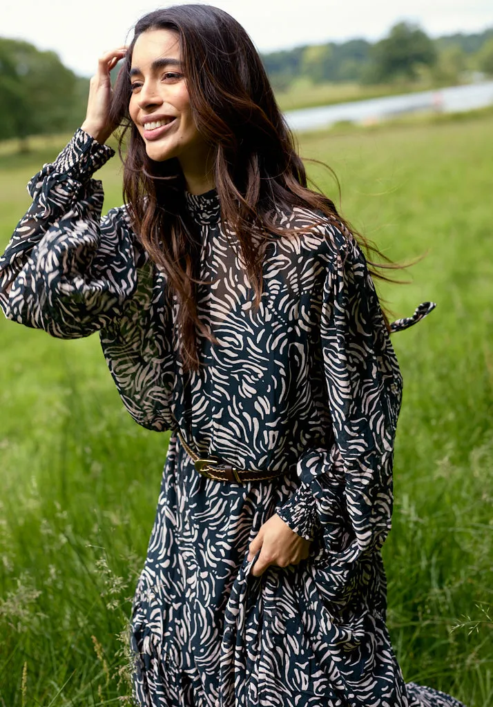 Molly High Neck Hidden Zebra Print Maxi Dress In Black