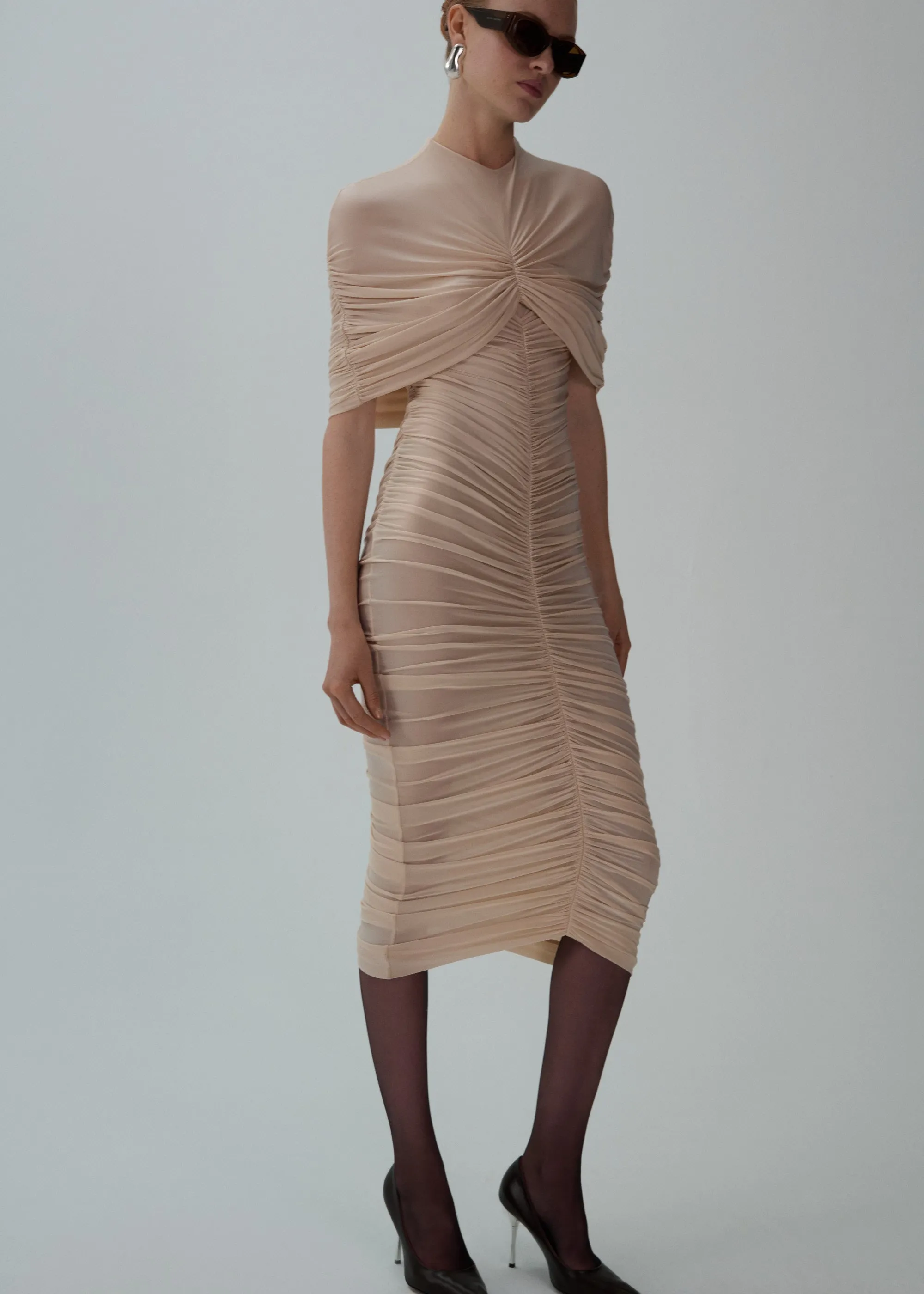 Ruched cape midi dress in beige