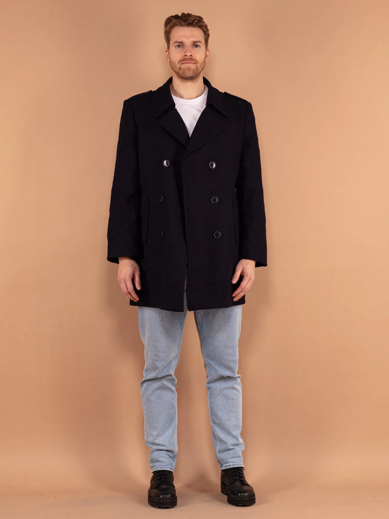 Vintage 80's Men Wool Coat in Blue