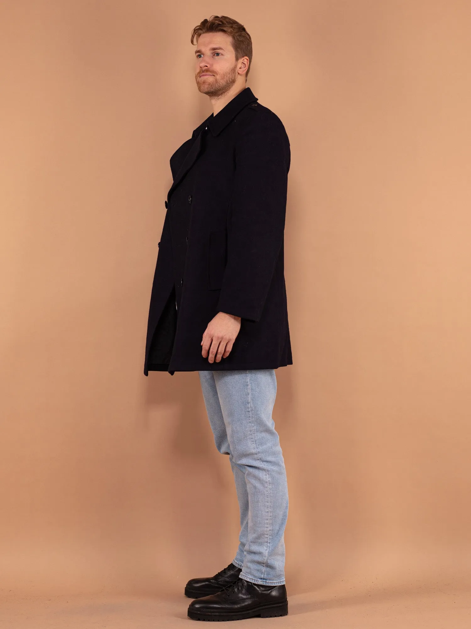 Vintage 80's Men Wool Coat in Blue