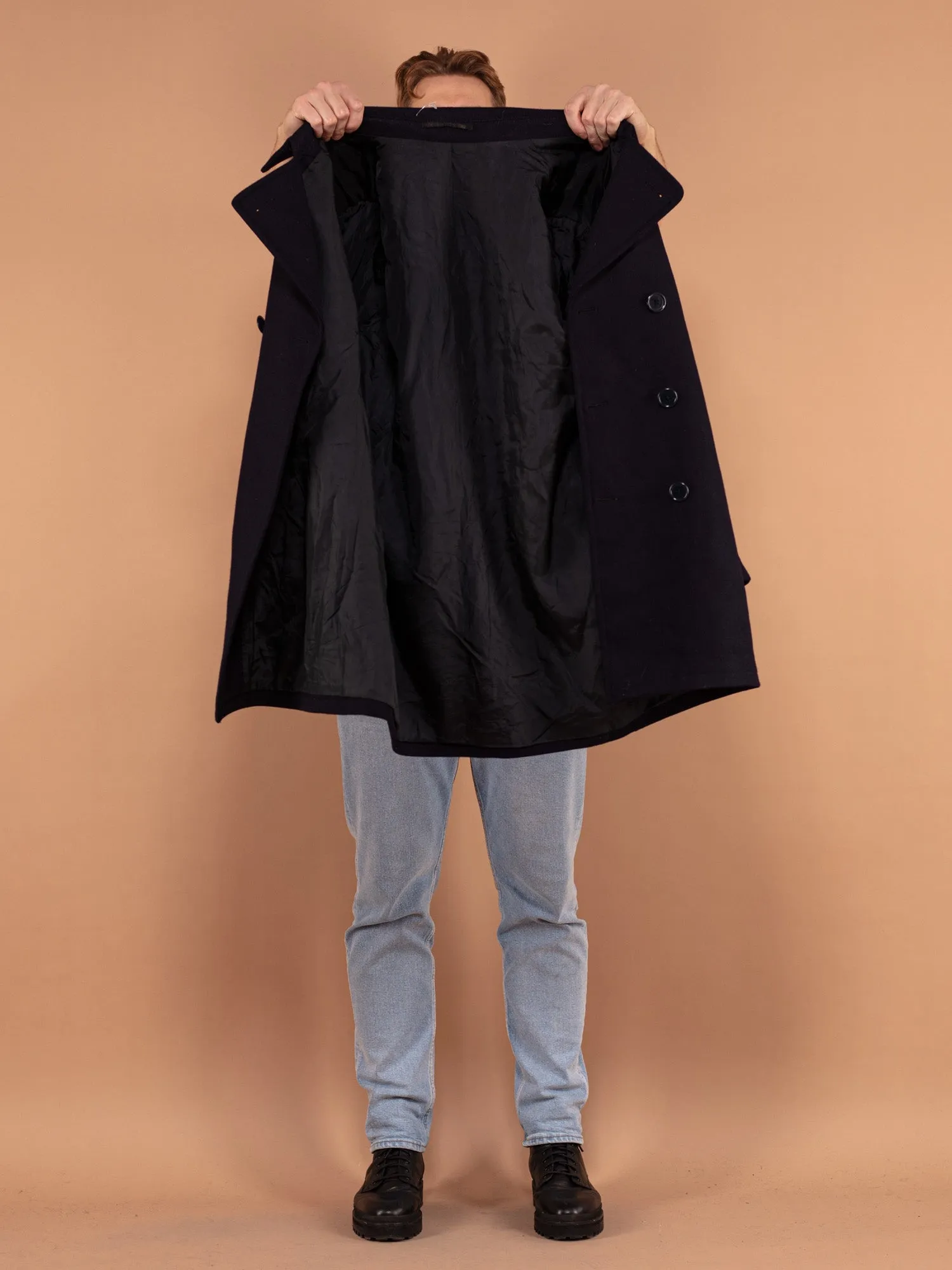 Vintage 80's Men Wool Coat in Blue